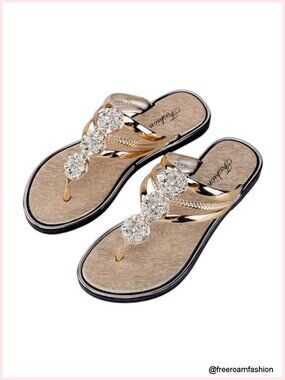 Rhinestone Flat Sandals Sparkly Thong T-Strap Bling Dressy Summer Wedding